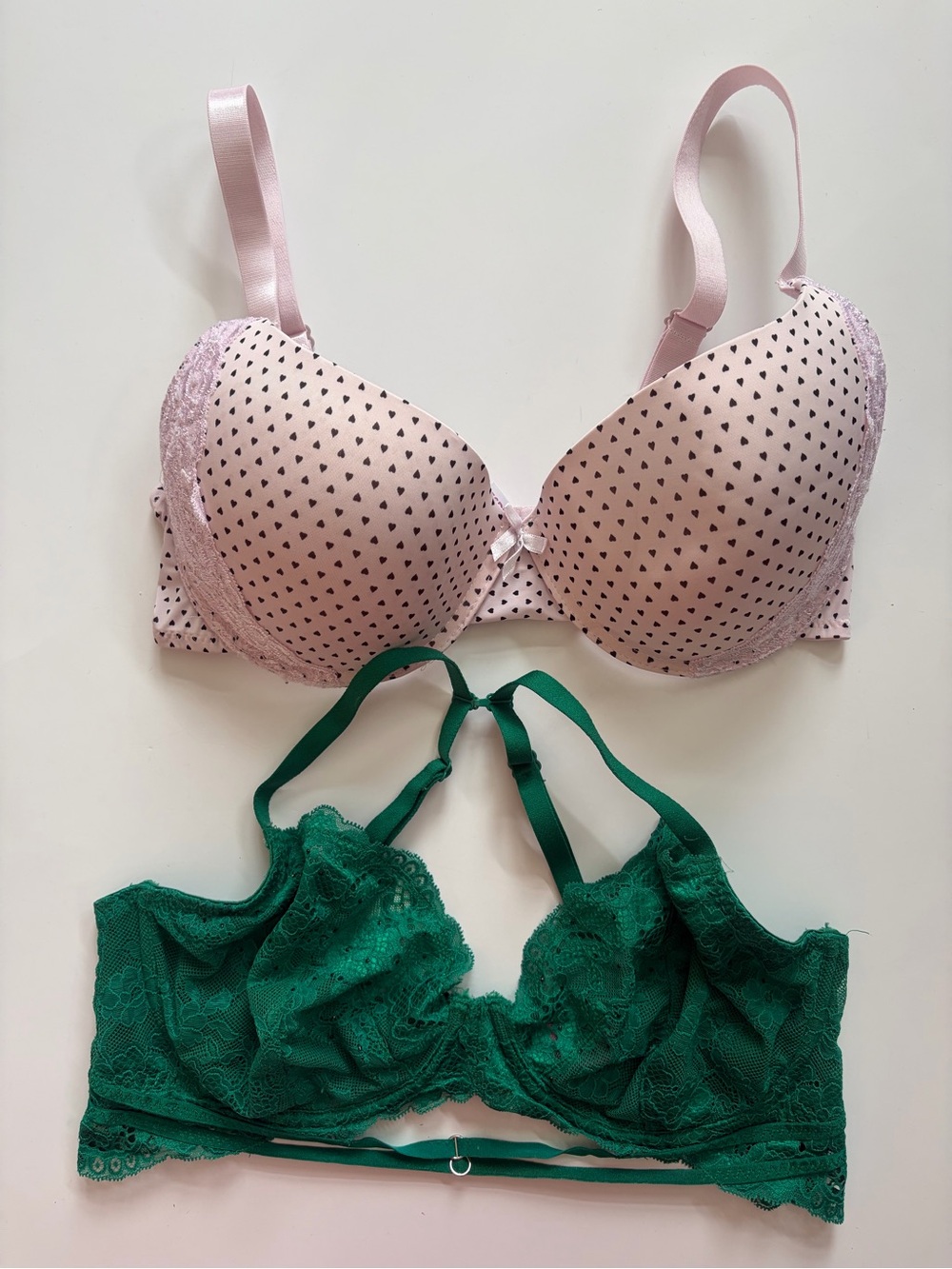 2 value pack blush Heart Print Push-Up Bra & Emerald Green Bralette sz 36DDD